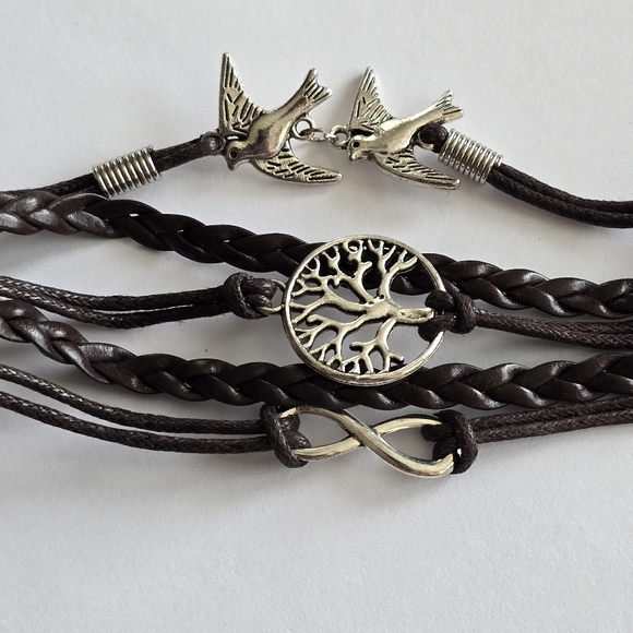 Bracelet with Peace sign, infinity symbol, and tree charms brown silver tone - Picture 3 of 8